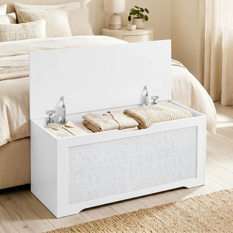 HOMCOM Cufăr de depozitare 136 L băncuță de depozitare cu panou din ratan capac cu brațe de susținere pentru hol 100x40x45cm alb