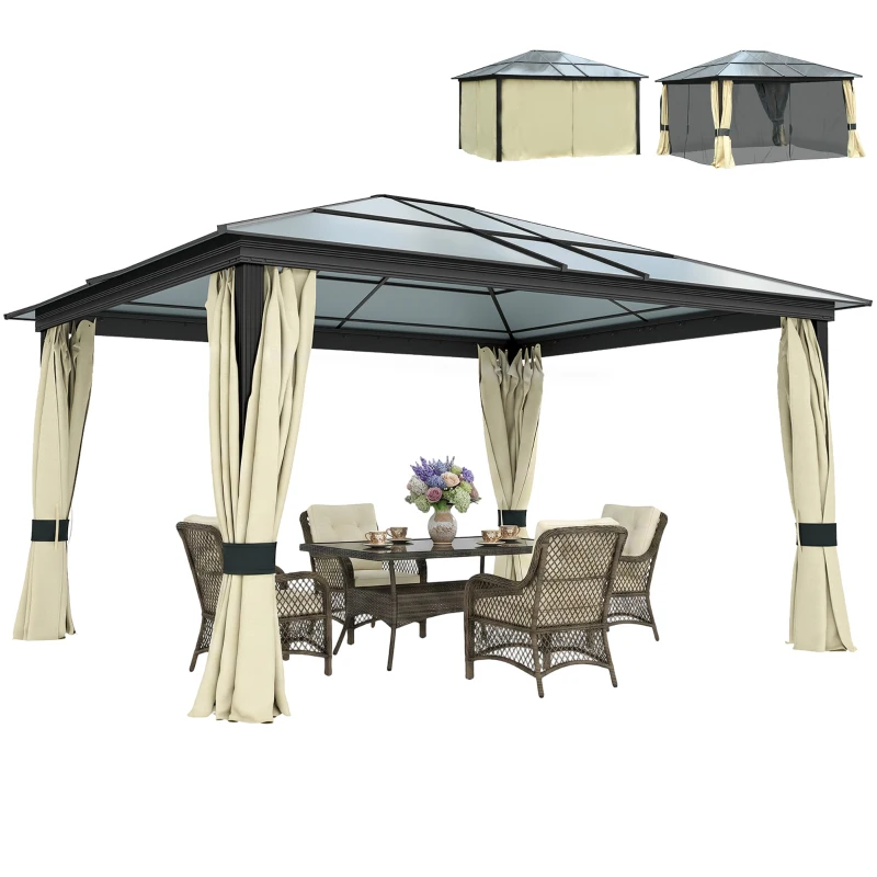 Outsunny Cenador de Jardín 4,2x3,6 m de Aluminio Pabellón de Exterior con Techo de Policarbonato 4 Cortinas Laterales y 4 Mosquiteras con Cremallera Gazebo para Fiestas Eventos Marrón