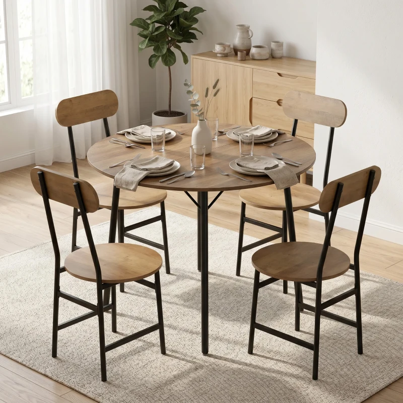 HOMCOM Set masă 5 piese: masă și 4 scaune, picioare metal, finisaj natural.