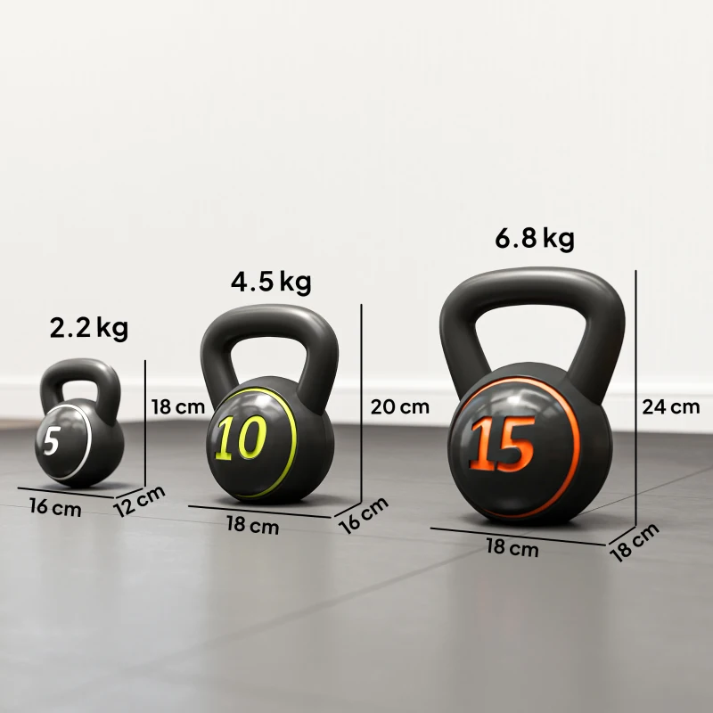 SPORTNOW Set 3 Kettlebell da 2.2 kg, 4.5 kg e 6.8 kg con Base Piatta e Portapesi, in Plastica e Sabbia, Nero