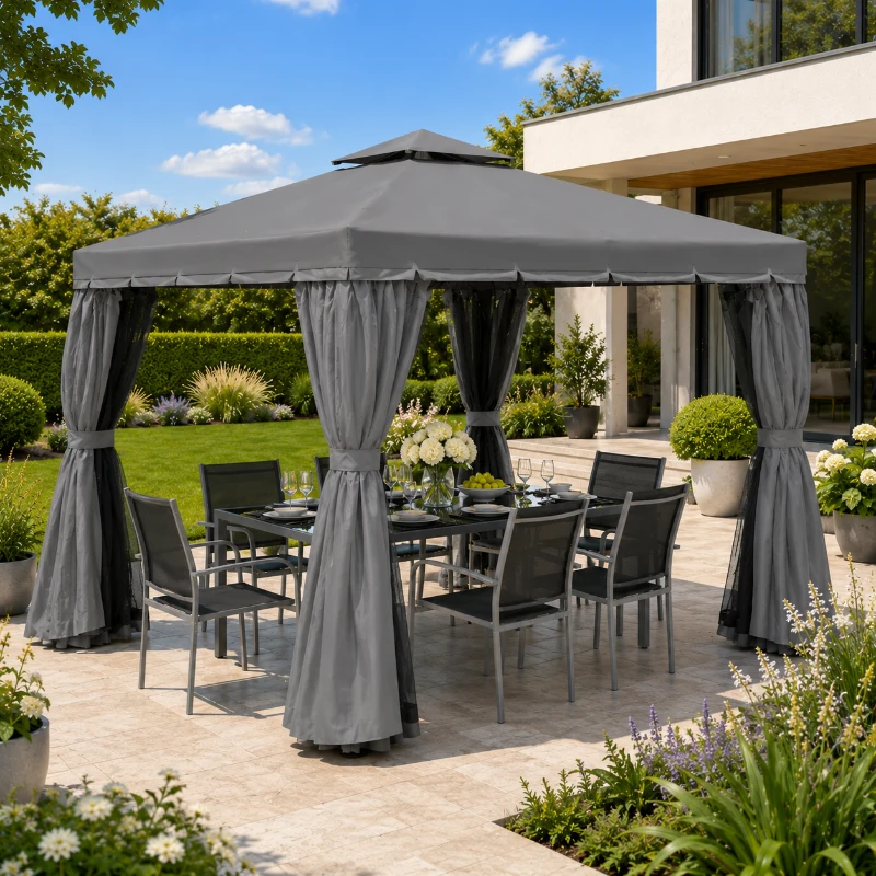 Outsunny 3 x 3(m) Patio Gazebo Canopy Garden Pavilion Tent Shelter Marquee with 2 Tier Water Repellent Roof, Mosquito Netting and Curtains, Aluminium Frame, Dark Grey