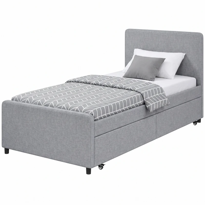 HOMCOM Letto Estraibile, Struttura Letto Singola/Doppia con Rete a Doghe in Metallo, Testata e Pediera Imbottite, Grigio Chiaro