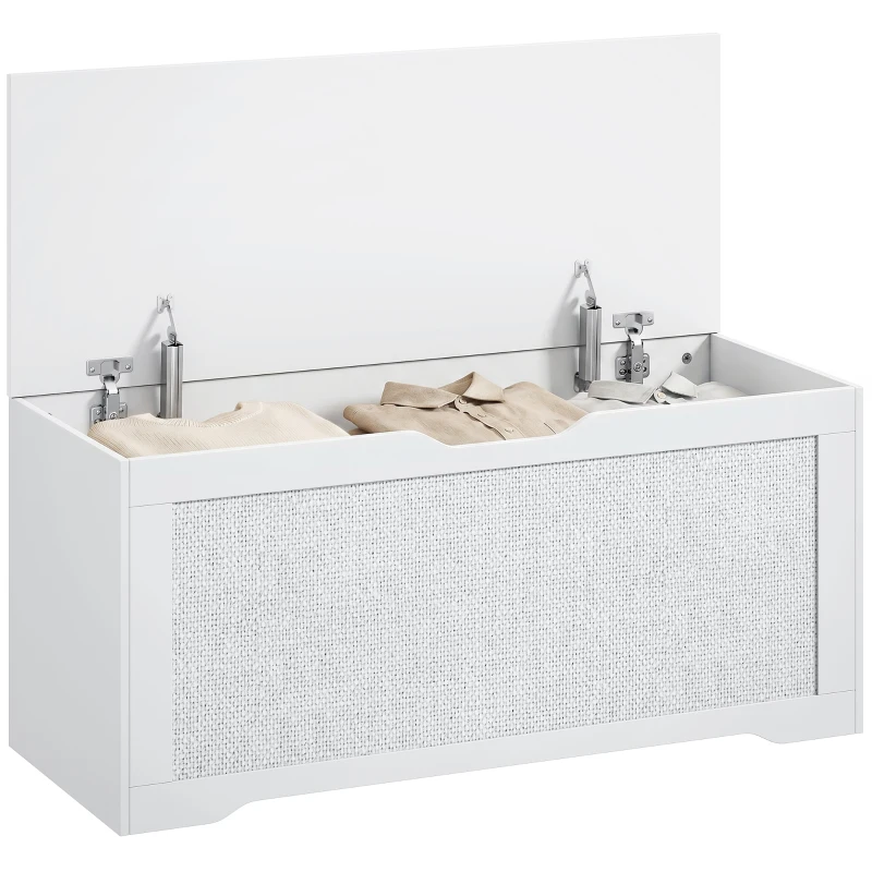 HOMCOM Cufăr de depozitare 136 L băncuță de depozitare cu panou din ratan capac cu brațe de susținere pentru hol 100x40x45cm alb