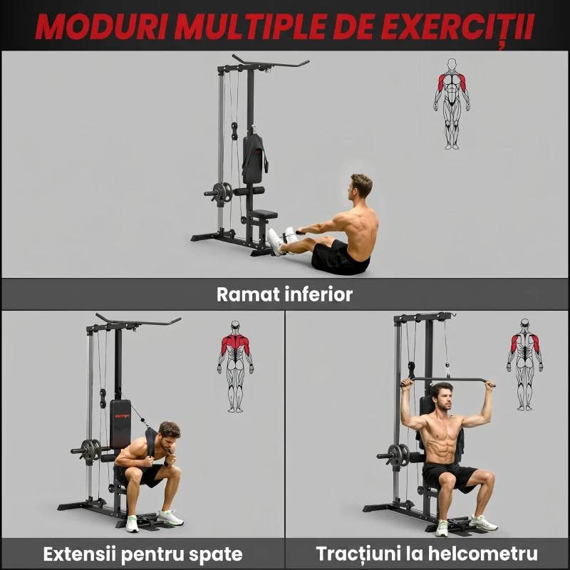 SPORTNOW Stație de Fitness Multifuncțională cu Lat Machine, Scaun Reglabil și Suport pentru Greutăți, Negru