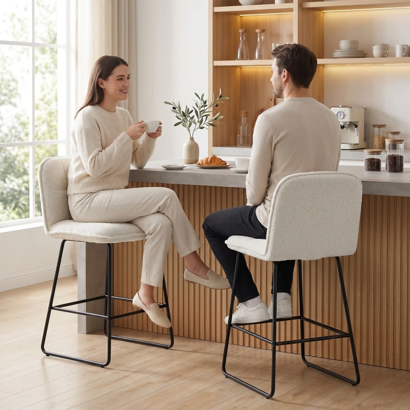 HOMCOM Lote de 2 Taburetes de Bar, Sillas de Bar Acolchadas en Tela Bouclé, Asiento Extra-Ancho 66H cm, Crema