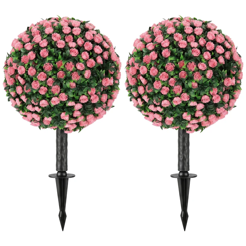 HOMCOM Artificial Rose Topiary UV Resistant, 2-Pack Fake Plants, 55 cm, Pink