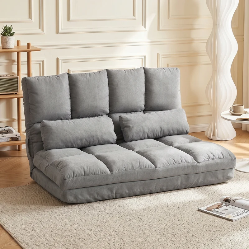 HOMCOM Chauffeuse 2 places canapé-lit convertible fauteuil de sol pliable dossier réglable 2 coussins inclus en polyester aspect suédé, pour salon, chambre et bureau, gris