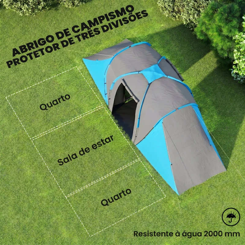 Outsunny Tenda de Campismo Familiar para 4-6 Pessoas com 2 Dormitórios Impermeável 3000 mm com Bolsa 555x225x190 cm Cinza e Azul