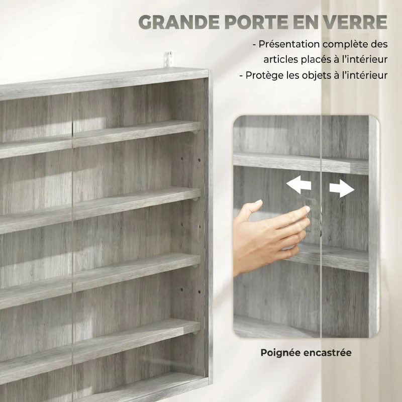 HOMCOM Vitrine murale pour objets de collection 4 étagère réglables en hauteur et 2 portes coulissantes 80 x 9,5 x 60 cm gris