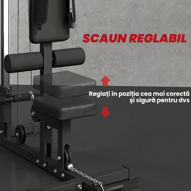 SPORTNOW Stație de Fitness Multifuncțională cu Lat Machine, Scaun Reglabil și Suport pentru Greutăți, Negru