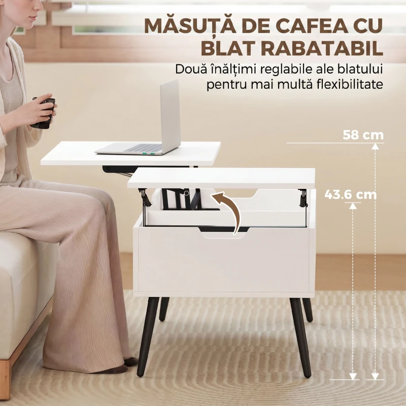 HOMCOM lemn măsuță ridicabilă transformabilă cu spațiu de depozitare