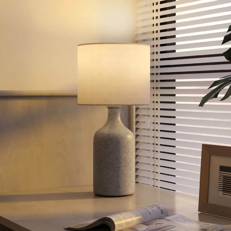 HOMCOM Lampe de Table avec Base en Céramique et Abat-Jour en Lin, Lampe de Chevet Rétro avec Culot E27, Blanc et Sable