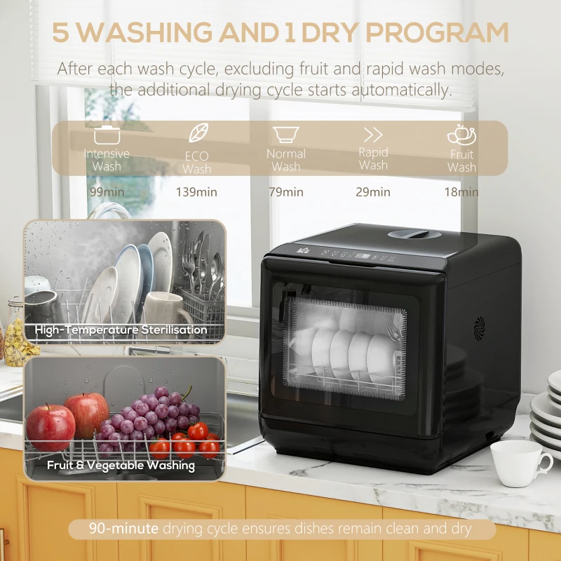 HOMCOM 6L Five-Mode Tabletop Dishwasher - Black