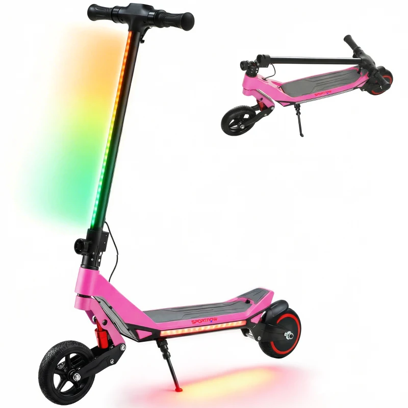 SPORTNOW Electric Scooter for Kids, Foldable E Scooter for Age Age 6+ with LED Display, RGB lights, Up to 16km/h, Pink