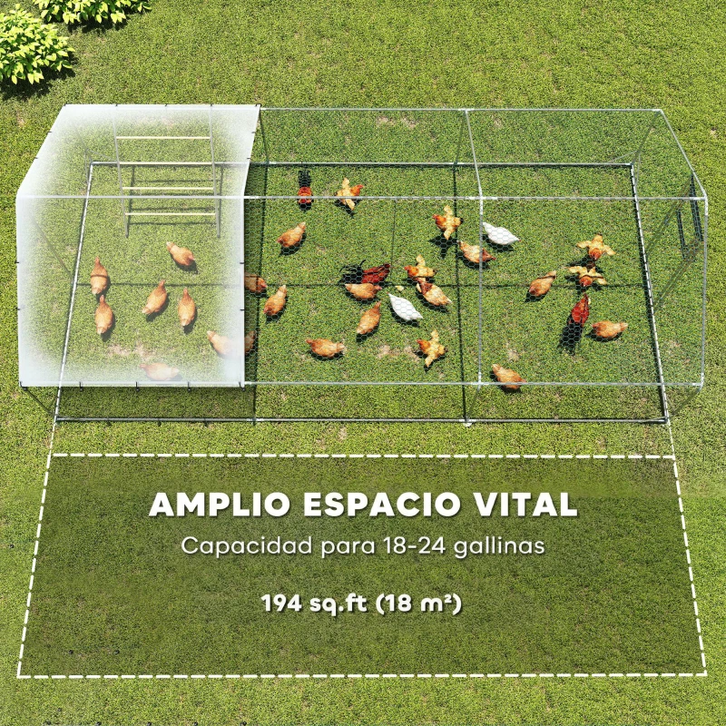 PawHut Gallinero Metálico de Exterior de 3x6m con Percha Multiusos Comedero Colgante Tipo Brocheta y Lona Protectora Resistente