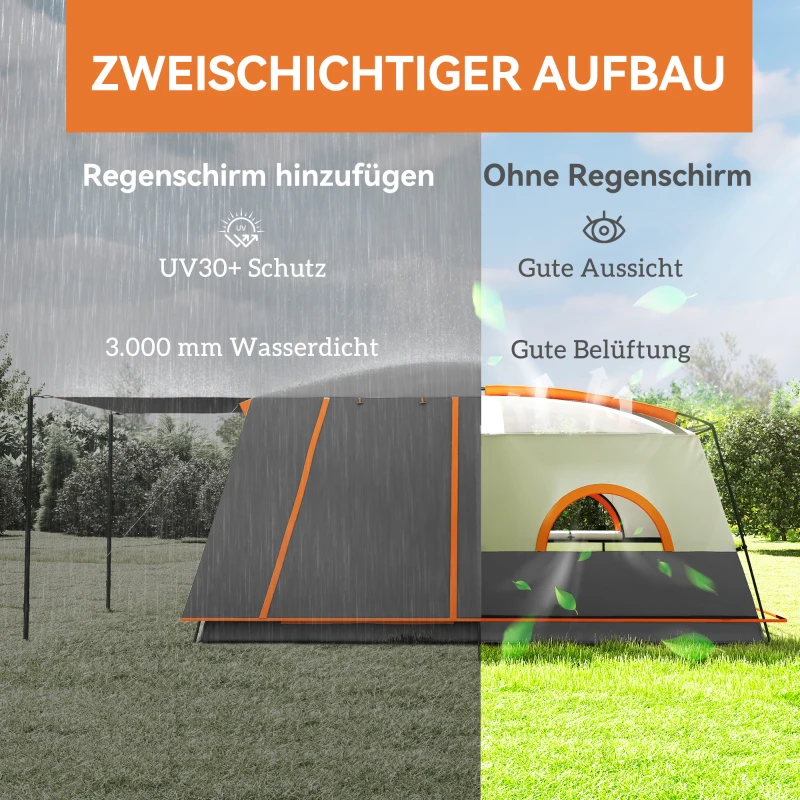 Outsunny Kampeertent voor 5 personen lichtgewicht, stabiel, waterdicht tunneltent met luifel, grondzeil, donkergrijs