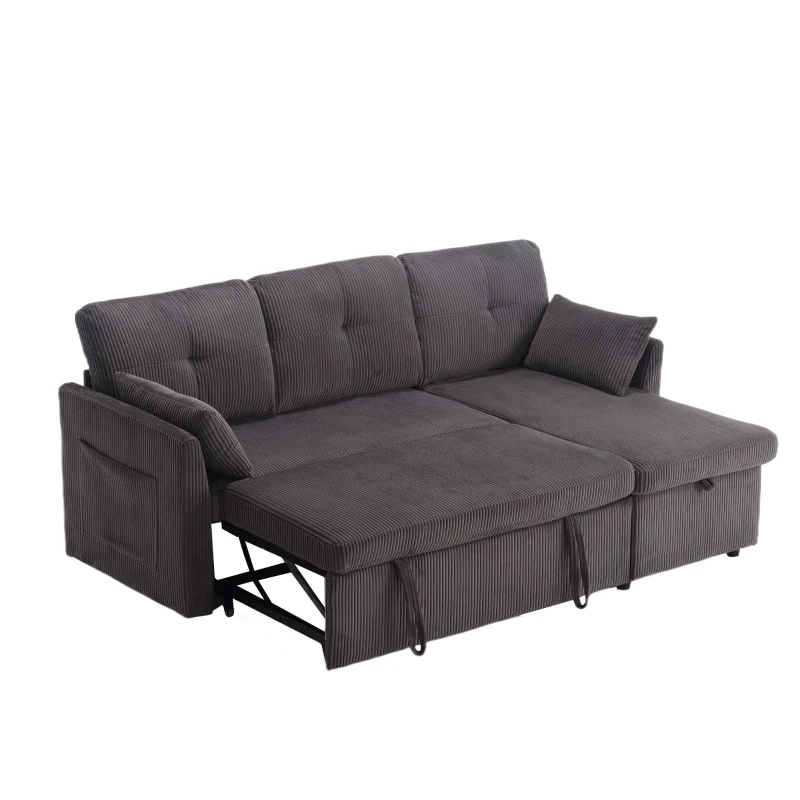 Stylish Sectional Sleeper Sofa with Reversible Storage Chaise, 3-In-1 L-Shaped Sofa with Corduroy Upholstery, 206L x 130W x 88H cm, Charcoal Grey