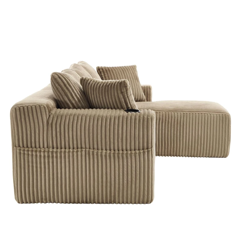 Modular L-Shaped Sectional Sofa with Deep Seat, Plush Corduroy Boneless Couch for Living Room, 257L x 160W x 80H cm, Khaki