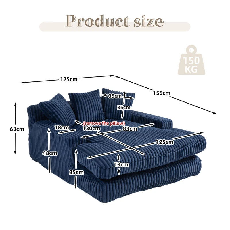 Modern Oversized Chaise Lounge Chair with Memory Foam Seat, Versatile Sofa Bed for Living Room or Bedroom, 155L x 125W x 63H cm, Navy