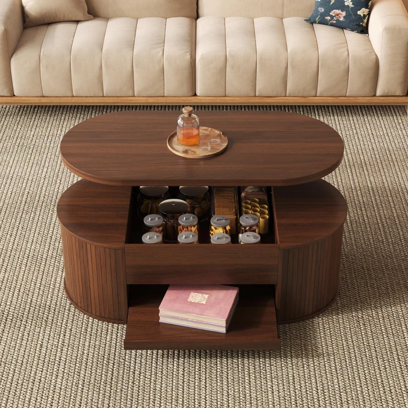 Lift-Top Coffee Table with Wooden Sides and Extendable Lower Shelf, Height-Adjustable Center Table with Ample Storage, 110L x 55.5W x 40H cm, Wood