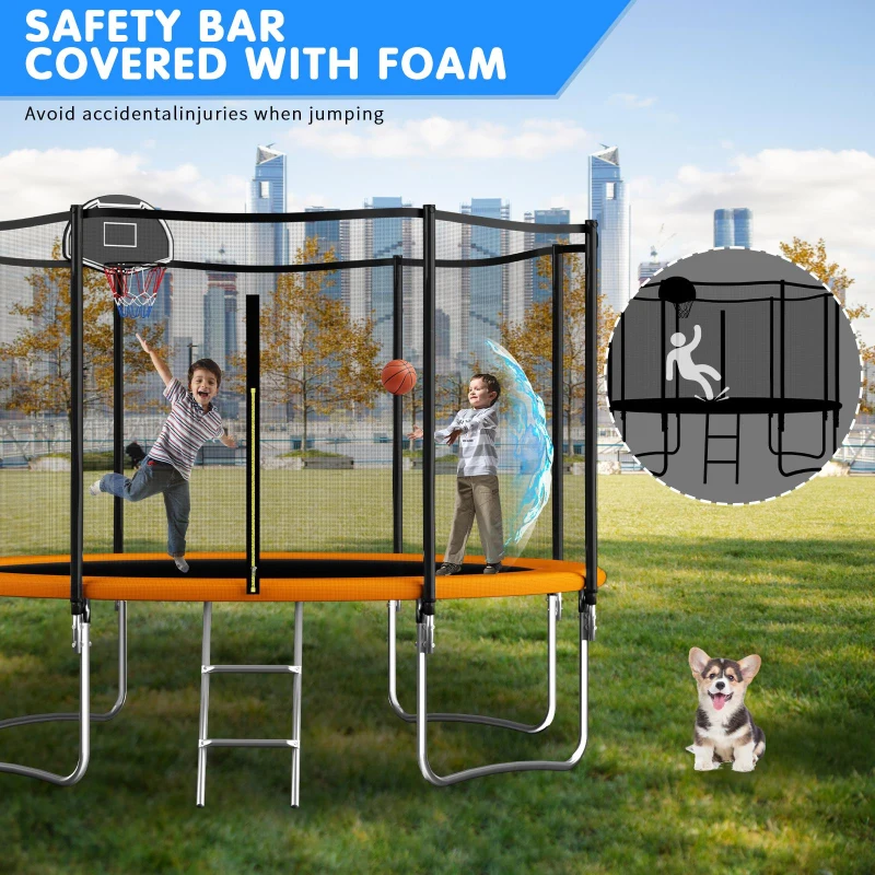 Outdoor Trampoline with Basketball Hoop and Safety Net, Heavy Duty Rebounder with Weatherproof Steel Frame, 366L x 366W x 76H cm, Orange