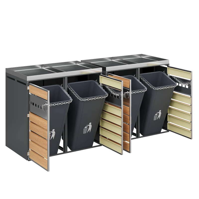 4-Compartment Outdoor Bin Enclosure with Integrated Planter, Planter-Top Quad Bin Storage with Lockable Doors, 264L x 80W x 124.5H cm, Grey+Wood