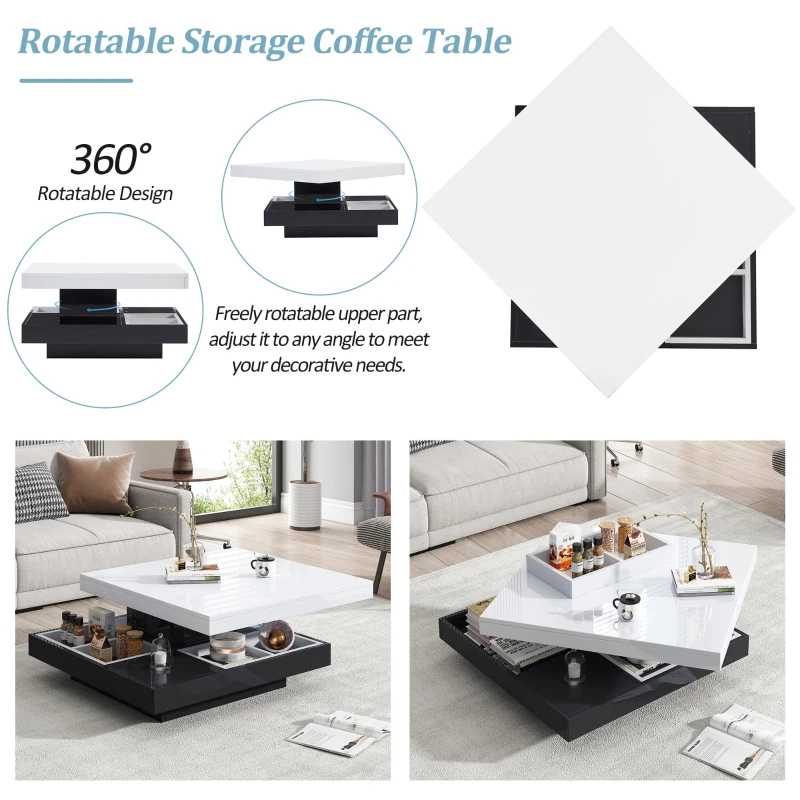 Contemporary Coffee Table with Large-Capacity Lower Shelf, 2-Tone Center Table with Recessed Compartments, 70L x 70W x 36H cm, Black
