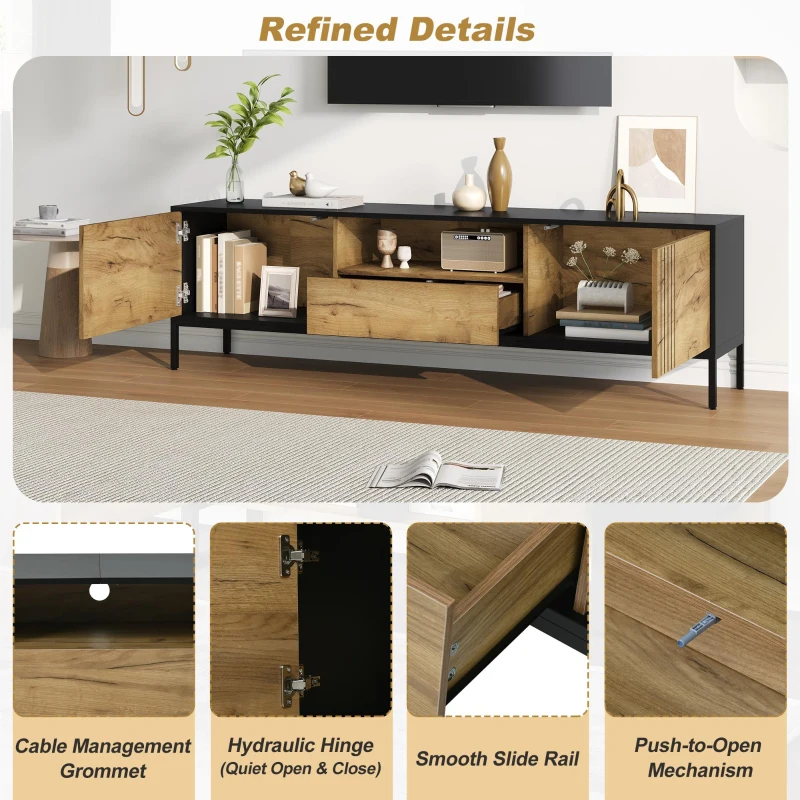 Low-Profile Nordic TV Cabinet with 2 cabinets and Open Shelves, Stylish TV Stand with Chipboard Construction, 170L x 35W x 50H cm, Natural