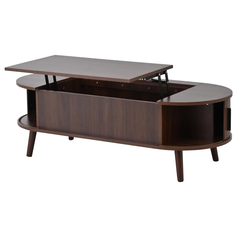 Lift-Up Oval Coffee Table with Hidden Storage and Roller-Shutter Doors, Space-Saving Centre Table with Solid Wood Legs, 120L x 50W x 39.5H cm, Wood