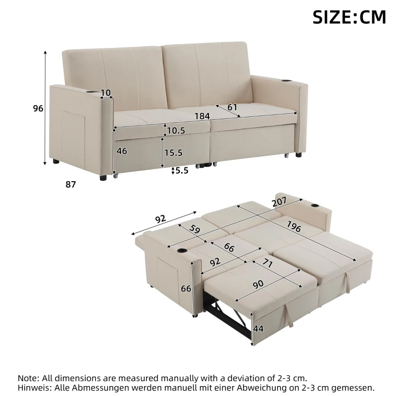 King-Size Pull-Out Sofa Bed with 3-in-1 Convertible 2-Seater, Independent Convertible Couch with Iron and Solid Wood Frame, 207L x 87W x 96H cm, Beige