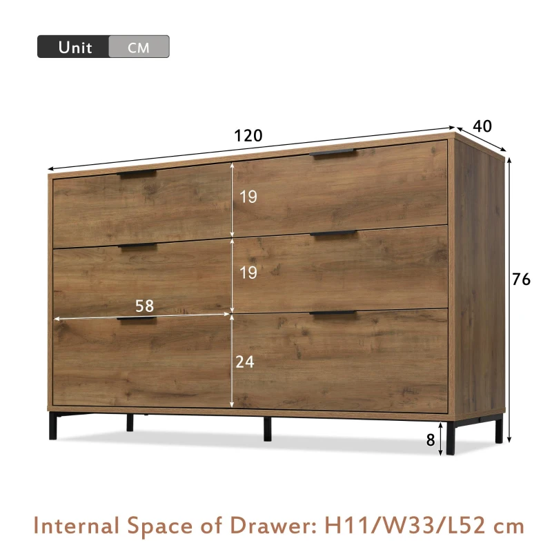 Dark Oak Sideboard with 6 Drawers and Industrial Metal Frame, Industrial Rustic Cabinet with Adjustable Feet, 120L x 40W x 76H cm, Dark Oak