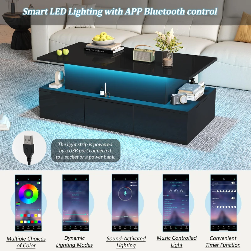 Lift-Top Coffee Table with 4 Drawers and Hidden Storage, Multi-Functional Center Table with Open Shelf and USB Port, 100L x 50W x 40H cm, Black