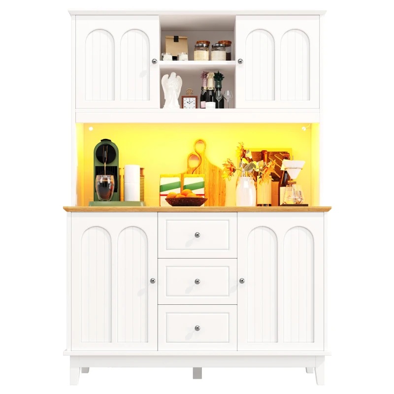 Smart Pantry Cabinet with App-Controlled LED Lights and Solid Pine Legs, Modern Kitchen Pantry with Spacious 3-Drawer Storage, 120L x 40W x 180H cm, White