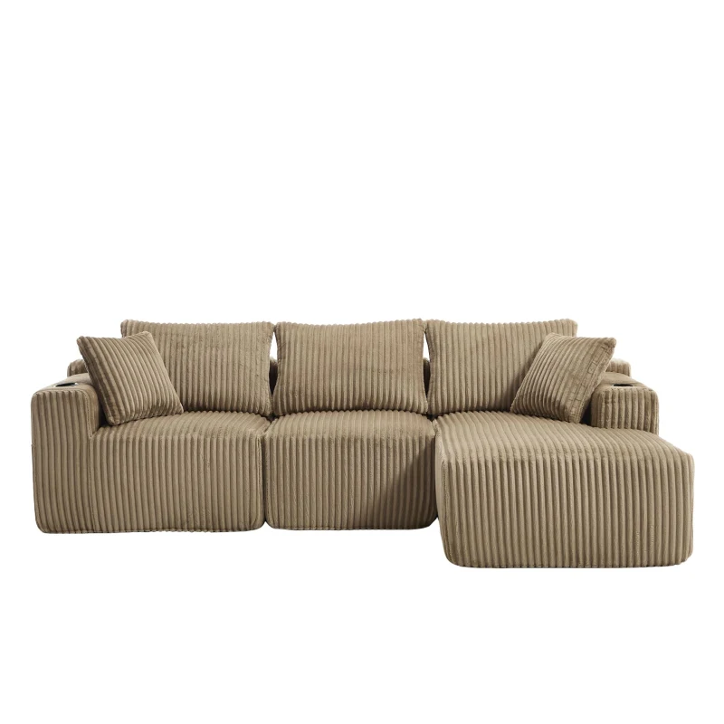 Modular L-Shaped Sectional Sofa with Deep Seat, Plush Corduroy Boneless Couch for Living Room, 257L x 160W x 80H cm, Khaki