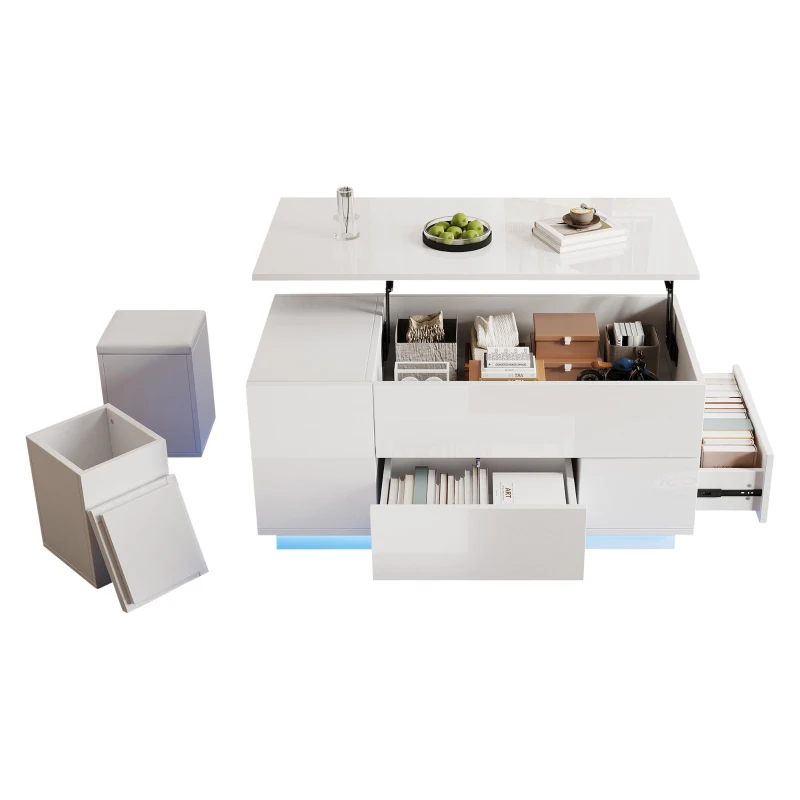Lift-Top Coffee Table with App-Controlled LED and Soft-Close Drawers, Sleek White Center Table with 2 Storage Ottomans, 100L x 50W x 45H cm, White