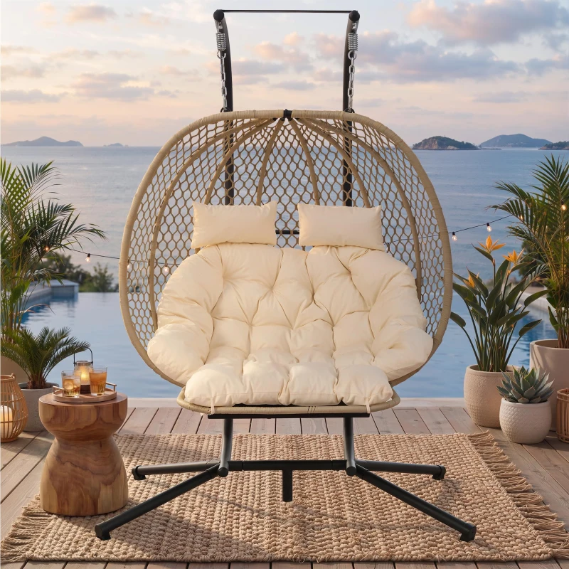 Cadeira suspensa em forma de ovo com suporte, cadeira de baloiço com apoio de pés regulável, cadeira suspensa de jardim com almofada de assento & almofado, 140x94x197 cm, Bege
