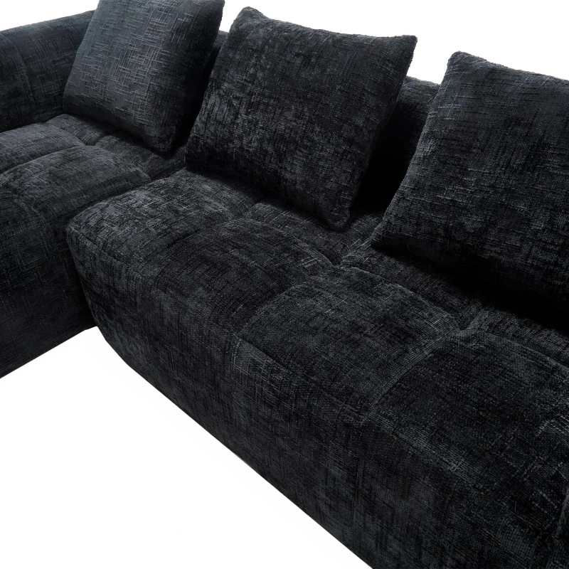 Oversized Modular L-Shaped Sofa with Deep-Seated Sleeper Design, Plush Sectional Sofa with Hidden Side Pockets, 250L x 158W x 60H cm, Black