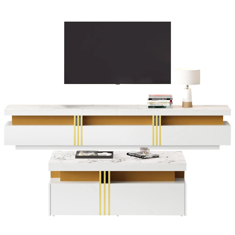 TV Stand and Coffee Table Set with Ample Storage, 2-Piece Living Room Furniture Set with Durable Particleboard, 200L x 40W x 42H cm, White
