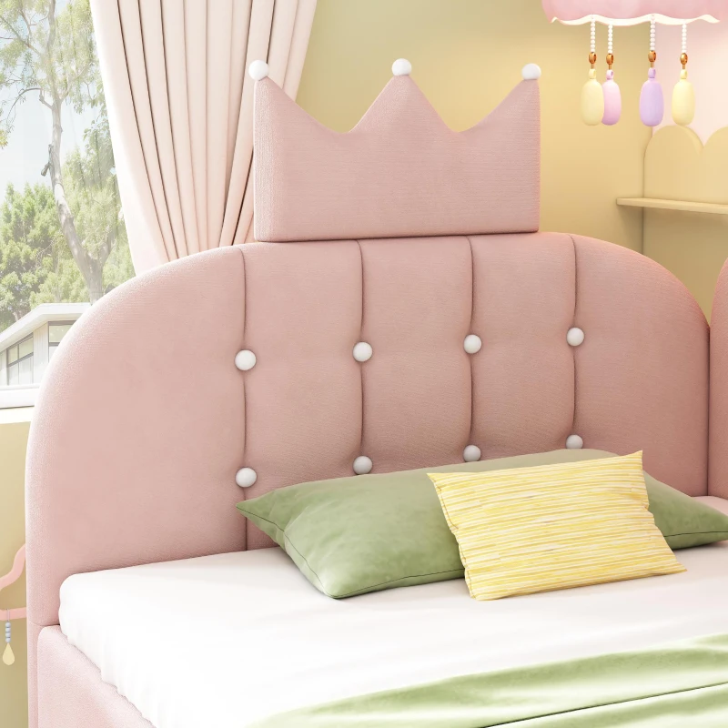 Upholstered Daybed with Hydraulic Storage and Crown Headboard, Space-Saving Guest Bed with Padded Velvet Upholstery, 199L x 96W x 96H cm, Pink