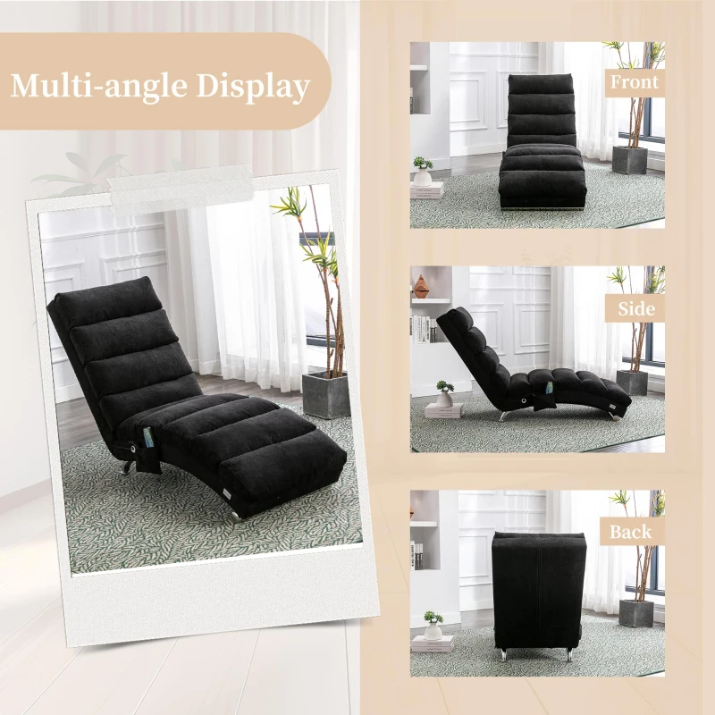 Fabric Relaxation Chaise Longue with Gentle Vibration, Contoured Ergonomic Floor Lounger with Side Pocket, 148L x 55W x 87H cm, Black