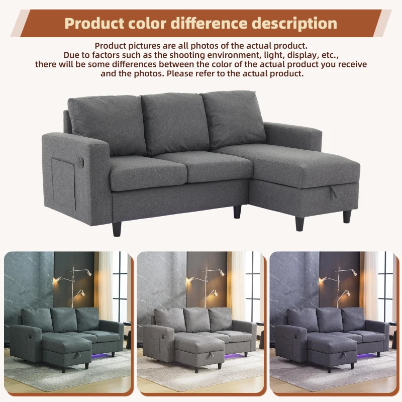 L-Shaped Corner Sofa with Hidden Storage and Side Pockets, Reversible Sectional Couch with Sturdy Wooden Frame, 180L x 120W x 72H cm, Gray