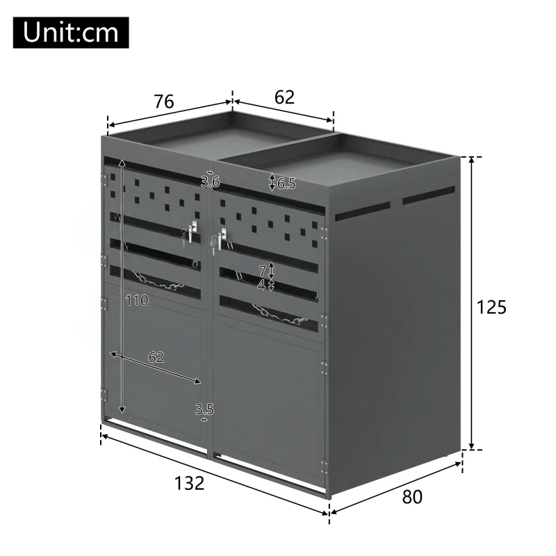 Double Wheelie Bin Storage Box with Planting Top and Tipping Chains, Galvanised Steel Lockable Bin Store with Ventilation Slots, 132L x 80W x 125H cm, Grey