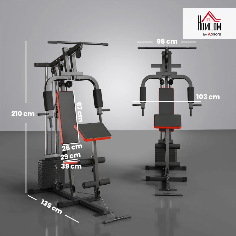 HOMCOM Power Tower cu greutăți de până la 65 kg pentru antrenamente, din oțel și PU, 135x103x210 cm, negru și roșu