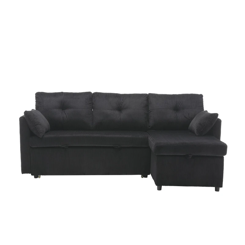 Stylish Sectional Sleeper Sofa with Reversible Storage Chaise, 3-In-1 L-Shaped Sofa with Corduroy Upholstery, 206L x 130W x 88H cm, Black