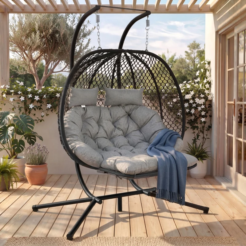 Cadeira suspensa em forma de ovo com suporte, cadeira de baloiço com apoio de pés regulável, cadeira suspensa de jardim com almofada de assento & almofado, 140x94x197 cm, Cinzento