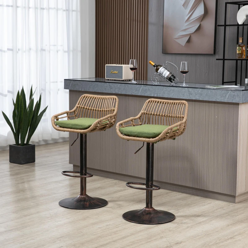 Set of 2 Swivel Bar Stools with Padded Linen Seat and Iron Frame, Height-Adjustable Counter Chairs with Metal Disc Base, 48L x 49W x 109H cm, Green