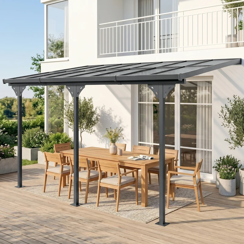 Outsunny Pergola adossée aluminium 4,5 x 3 m avec toit en polycarbonate résistant UV, gouttière intégrée, tonnelle de jardin pour terrasse patio véranda, gris