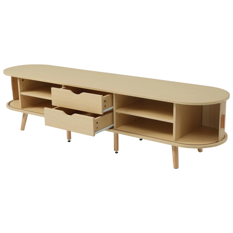 Minimalist TV Stand with Oval Top and Rounded Corners, Light Oak TV Cabinet with Solid Wood Legs, 175L x 40W x 40H cm, Oak