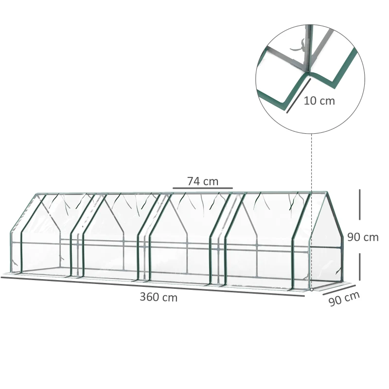 Outsunny Gewächshaus mit Reißverschlussfenster, winterfest Foliengewächshaus aus Stahl 360 x 90 x 90 cm Transparent