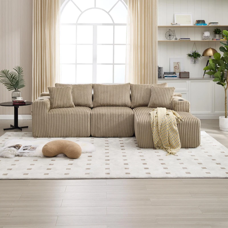 Modular L-Shaped Sectional Sofa with Deep Seat, Plush Corduroy Boneless Couch for Living Room, 257L x 160W x 80H cm, Khaki